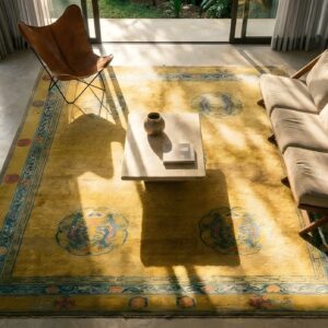 Antique Wool Hand Knotted Pile Yellow 1925 Chinese Dragon Rug (SKU 24175) - styled overhead view