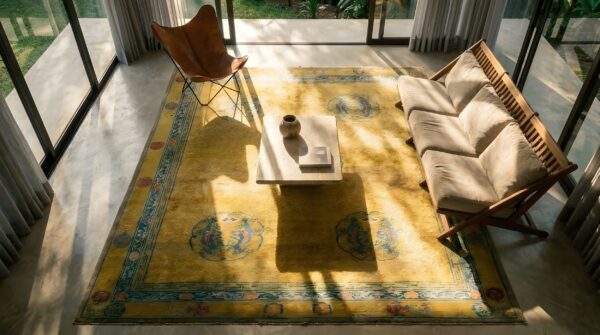 Antique wool hand knotted pile yellow 1925 chinese dragon rug 2 Antique wool hand knotted pile yellow 1925 chinese dragon rug (sku 24175) - styled overhead view