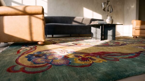 Antique yellow art deco art nouveau room size wool chinese rug 11 Antique yellow art deco art nouveau room size wool chinese rug (sku 24116) - in-room detail