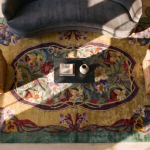 Antique Yellow Art Deco Art Nouveau Room Size Wool Chinese Rug (SKU 24116) - styled overhead view