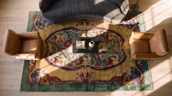 Antique yellow art deco art nouveau room size wool chinese rug 2 Antique yellow art deco art nouveau room size wool chinese rug (sku 24116) - styled overhead view