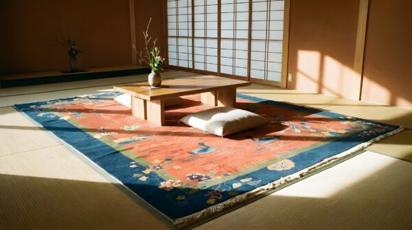 Yellow antique art deco swimming swan pattern chinese rug 3 Yellow antique art deco swimming swan pattern chinese rug (sku 24284) - room view