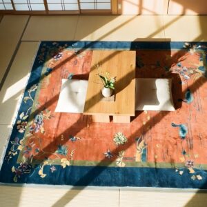 Yellow Antique Art Deco Swimming Swan Pattern Chinese Rug (SKU 24284) - styled overhead view