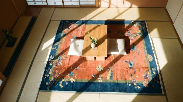 Yellow antique art deco swimming swan pattern chinese rug 2 Yellow antique art deco swimming swan pattern chinese rug (sku 24284) - styled overhead view