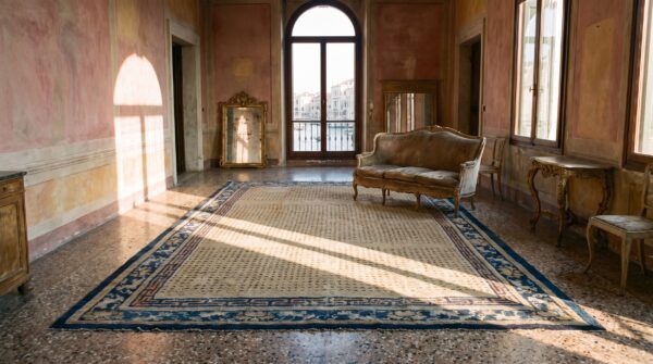 Yellow and blue mid 18th century antique chinese ningxia rug 7 Yellow and blue mid 18th century antique chinese ningxia rug (sku 25466) - room view