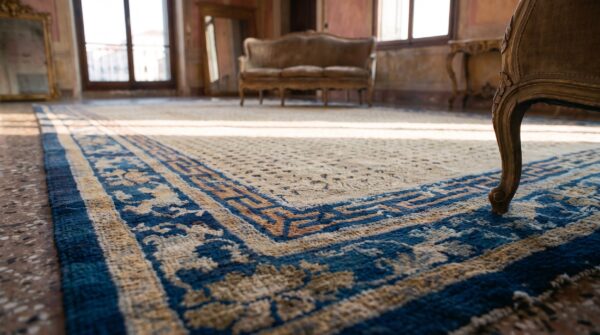 Yellow and blue mid 18th century antique chinese ningxia rug 8 Yellow and blue mid 18th century antique chinese ningxia rug (sku 25466) - in-room detail