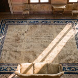 Yellow and Blue Mid 18th Century Antique Chinese Ningxia Rug (SKU 25466) - styled overhead view