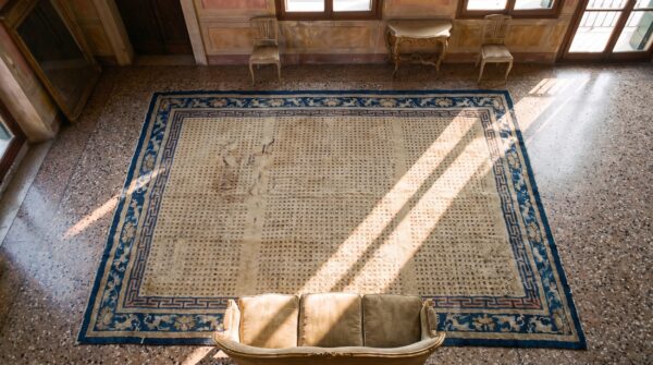 Yellow and blue mid 18th century antique chinese ningxia rug 2 Yellow and blue mid 18th century antique chinese ningxia rug (sku 25466) - styled overhead view