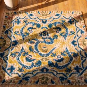 Antique Yellow and Blue Square Chinese Dragon Ningxia Rug (SKU 22000) - styled overhead view