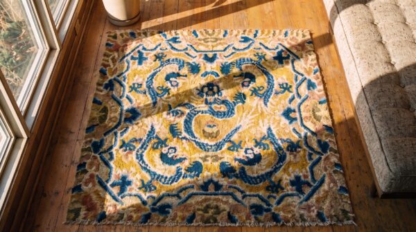 Antique yellow and blue square chinese dragon ningxia rug 2 Antique yellow and blue square chinese dragon ningxia rug (sku 22000) - styled overhead view