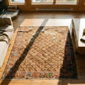 Antique Yellow Caucasian Tribal Geometric Islamic Prayer Rug (SKU 24928) - styled overhead view