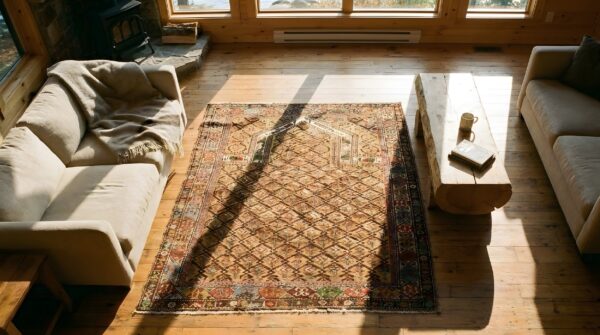 Antique yellow caucasian tribal geometric islamic prayer rug 2 Antique yellow caucasian tribal geometric islamic prayer rug (sku 24928) - styled overhead view