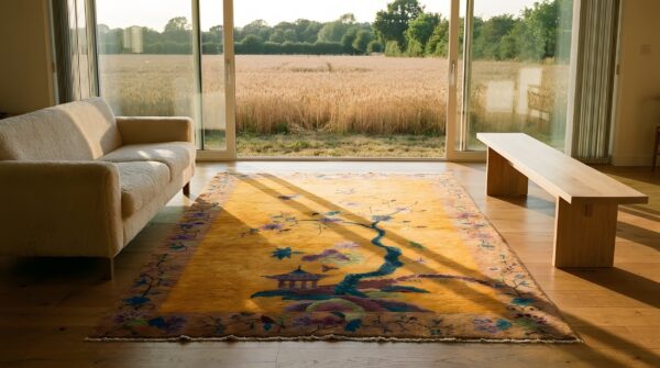 Yellow wool chinese art deco hand knotted pile antique 1920s floral rug 7 Yellow wool chinese art deco hand knotted pile antique 1920s floral rug (sku 23482) - room view
