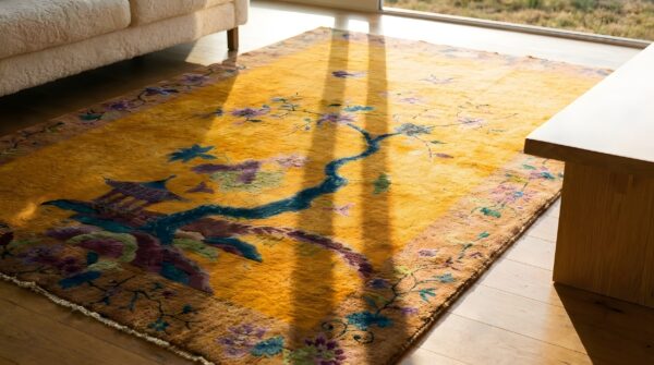 Yellow wool chinese art deco hand knotted pile antique 1920s floral rug 8 Yellow wool chinese art deco hand knotted pile antique 1920s floral rug (sku 23482) - in-room detail