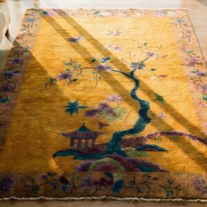 Yellow Wool Chinese Art Deco Hand Knotted Pile Antique 1920s Floral Rug (SKU 23482) - styled overhead view