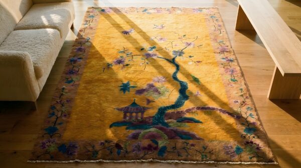 Yellow wool chinese art deco hand knotted pile antique 1920s floral rug 2 Yellow wool chinese art deco hand knotted pile antique 1920s floral rug (sku 23482) - styled overhead view