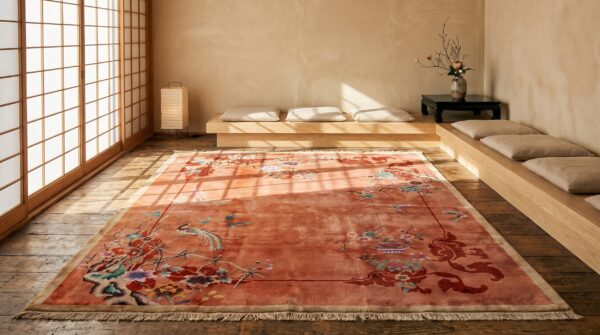 Yellow hand knotted pile wool chinese art deco floral antique 1920s rug 10 Yellow hand knotted pile wool chinese art deco floral antique 1920s rug (sku 22263) - room view