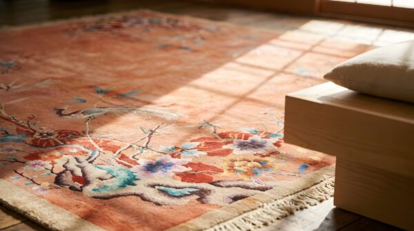 Yellow hand knotted pile wool chinese art deco floral antique 1920s rug 11 Yellow hand knotted pile wool chinese art deco floral antique 1920s rug (sku 22263) - in-room detail