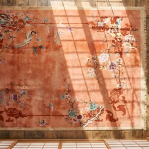 Yellow Hand Knotted Pile Wool Chinese Art Deco Floral Antique 1920s Rug (SKU 22263) - styled overhead view