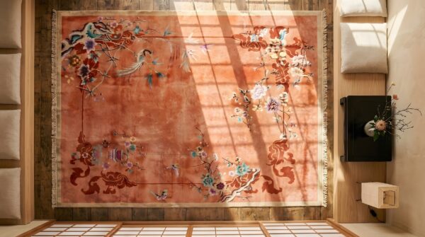 Yellow hand knotted pile wool chinese art deco floral antique 1920s rug 2 Yellow hand knotted pile wool chinese art deco floral antique 1920s rug (sku 22263) - styled overhead view