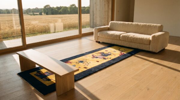 Antique yellow chinese art deco floral hand knotted hallway runner rug (sku 21813) - room view