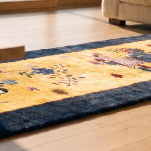 Antique Yellow Chinese Art Deco Floral Hand Knotted Hallway Runner Rug (SKU 21813) - in-room detail