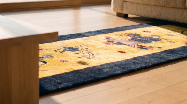 Antique yellow chinese art deco floral hand knotted hallway runner rug (sku 21813) - in-room detail