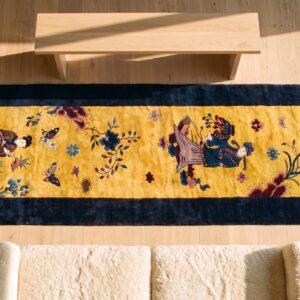 Antique Yellow Chinese Art Deco Floral Hand Knotted Hallway Runner Rug (SKU 21813) - styled overhead view