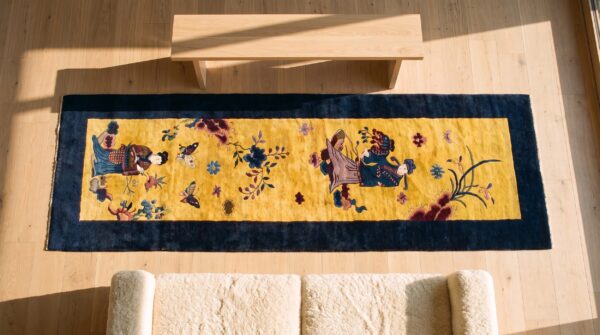 Antique yellow chinese art deco floral hand knotted hallway runner rug (sku 21813) - styled overhead view