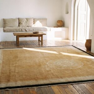 Yellow Antique Chinese Art Deco Floral Medallion Hand Knotted Pile Rug (SKU 21461) - room view