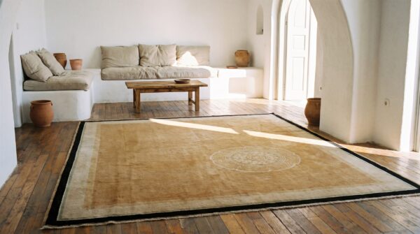 Yellow antique chinese art deco floral medallion hand knotted pile rug 7 Yellow antique chinese art deco floral medallion hand knotted pile rug (sku 21461) - room view