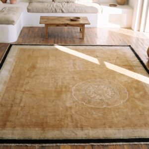 Yellow Antique Chinese Art Deco Floral Medallion Hand Knotted Pile Rug (SKU 21461) - styled overhead view