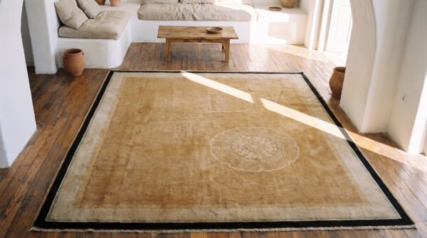 Yellow antique chinese art deco floral medallion hand knotted pile rug 2 Yellow antique chinese art deco floral medallion hand knotted pile rug (sku 21461) - styled overhead view