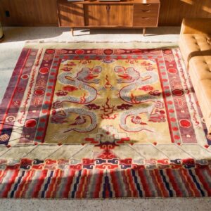 Antique Yellow Chinese Dragon Design Square Ningxia Rug (SKU 21843) - styled overhead view