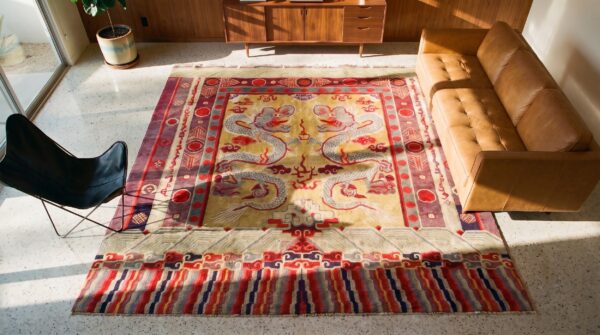 Antique yellow chinese dragon design square ningxia rug (sku 21843) - styled overhead view