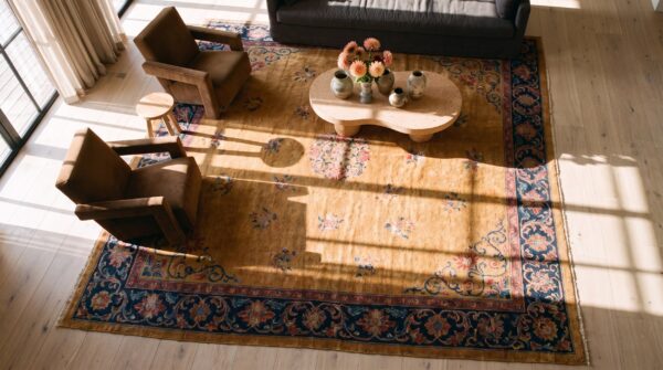 Antique yellow color floral room size chinese art deco carpet (sku 24486) - styled overhead view