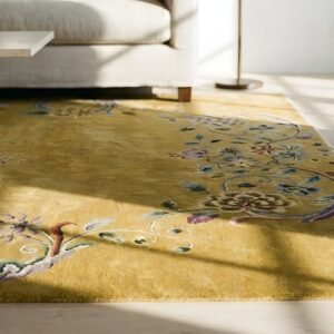 Yellow Color Antique Floral Vase Medallion Design Chinese Deco Carpet (SKU 25439) - in-room detail
