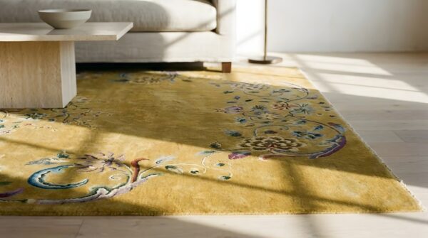 Yellow color antique floral vase medallion design chinese deco carpet (sku 25439) - in-room detail