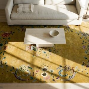 Yellow Color Antique Floral Vase Medallion Design Chinese Deco Carpet (SKU 25439) - styled overhead view