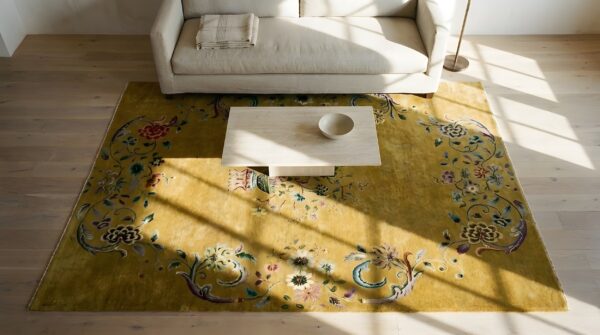 Yellow color antique floral vase medallion design chinese deco carpet (sku 25439) - styled overhead view