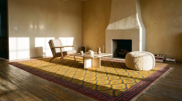 Yellow color antique tribal geometric cotton dhurrie wide gallery rug 8 Yellow color antique tribal geometric cotton dhurrie wide gallery rug (sku 24980) - room view