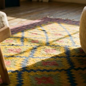 Yellow Color Antique Tribal Geometric Cotton Dhurrie Wide Gallery Rug (SKU 24980) - in-room detail
