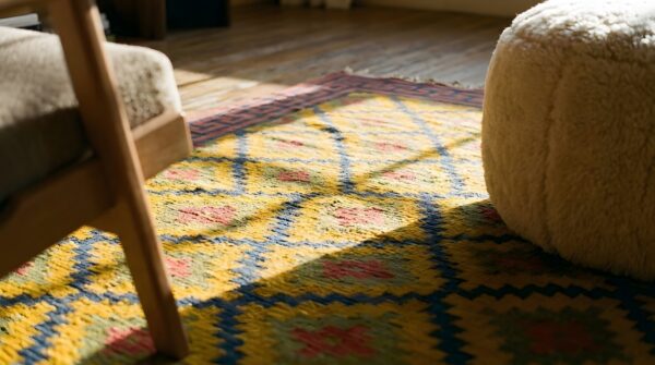 Yellow color antique tribal geometric cotton dhurrie wide gallery rug 9 Yellow color antique tribal geometric cotton dhurrie wide gallery rug (sku 24980) - in-room detail