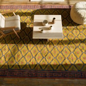 Yellow Color Antique Tribal Geometric Cotton Dhurrie Wide Gallery Rug (SKU 24980) - styled overhead view