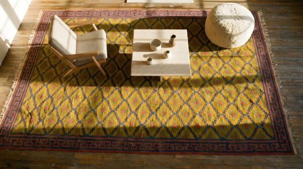 Yellow color antique tribal geometric cotton dhurrie wide gallery rug 2 Yellow color antique tribal geometric cotton dhurrie wide gallery rug (sku 24980) - styled overhead view