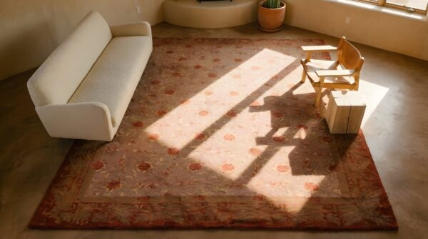 Yellow antique donegal - arts & crafts ireland allover knotted rug 2 Yellow antique donegal - arts & crafts ireland allover knotted rug (sku 25225) - styled overhead view