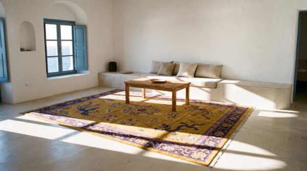 Yellow floral 1920s hand knotted pile wool antique rectangle rug 10 Yellow floral 1920s hand knotted pile wool antique rectangle rug (sku 25735) - room view