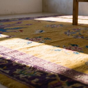 Yellow Floral 1920s Hand Knotted Pile Wool Antique Rectangle Rug (SKU 25735) - in-room detail