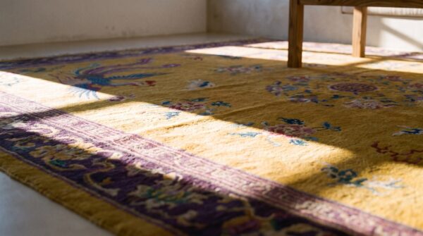 Yellow floral 1920s hand knotted pile wool antique rectangle rug 11 Yellow floral 1920s hand knotted pile wool antique rectangle rug (sku 25735) - in-room detail