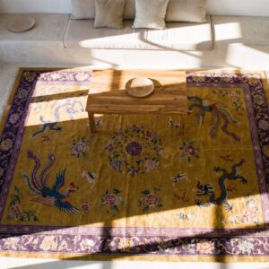 Yellow Floral 1920s Hand Knotted Pile Wool Antique Rectangle Rug (SKU 25735) - styled overhead view